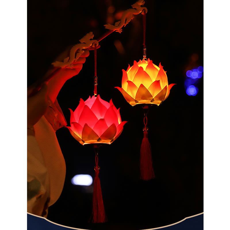 DIY Lotus Dragon Lantern Tassel Lamp – Two pink lotus lanterns with dragon handles in night bokeh, Paired splendor