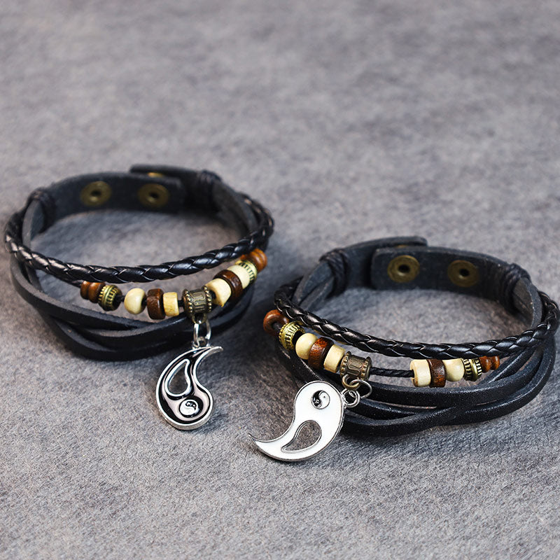 Copper Yin Yang Balance Bracelet - Matching couples leather bracelets with complementary yin-yang charms