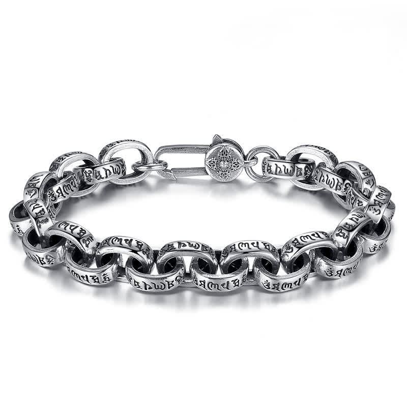 Silver Om Mani Padme Hum Bangle – Oval loop on white, mantra engraved silver