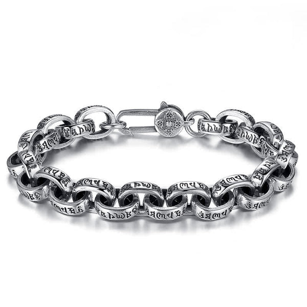 Silver Om Mani Padme Hum Bangle – Oval loop on white, mantra engraved silver