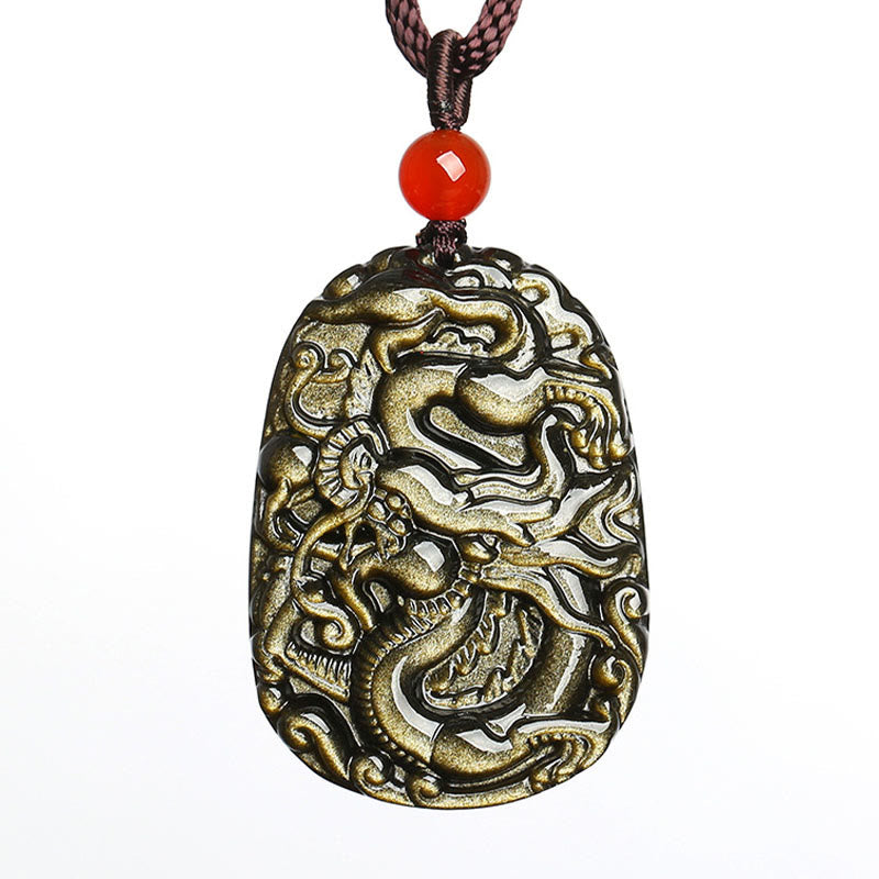 Gold Sheen Obsidian Dragon Pendant – White background product shot with brilliant golden cat's eye effect, abundant