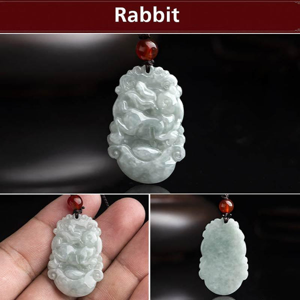 Natural Jade Chinese Zodiac Pendant – Rabbit in ruyi clouds matte black, serenity