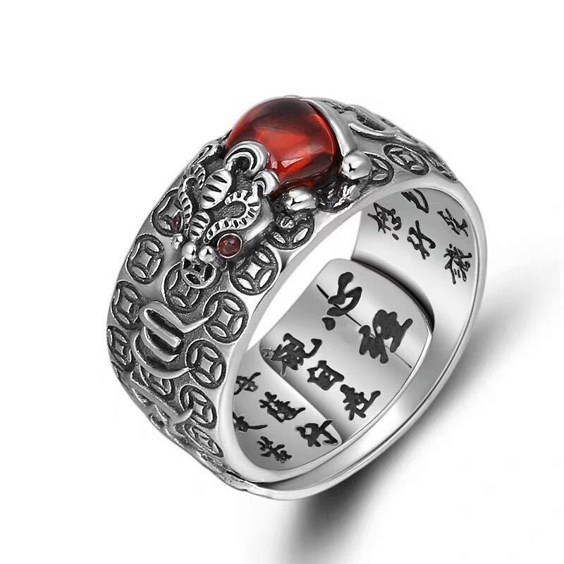 Feng Shui PiXiu Ring – Ornate silver band with red garnet and engraved Chinese characters inside