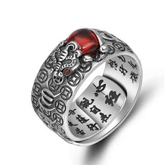 Feng Shui PiXiu Ring – Ornate silver band with red garnet and engraved Chinese characters inside