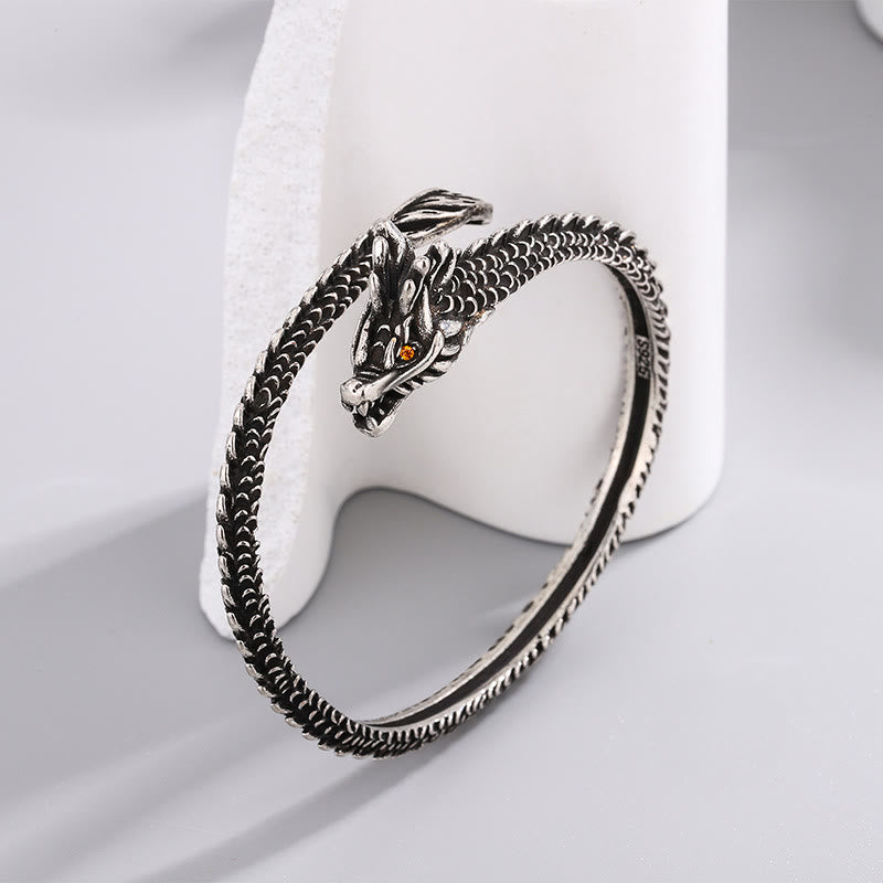 Dragon Scales Pattern Protection Bracelet Bangle - Oxidized silver dragon cuff red eye, Fierce Protection