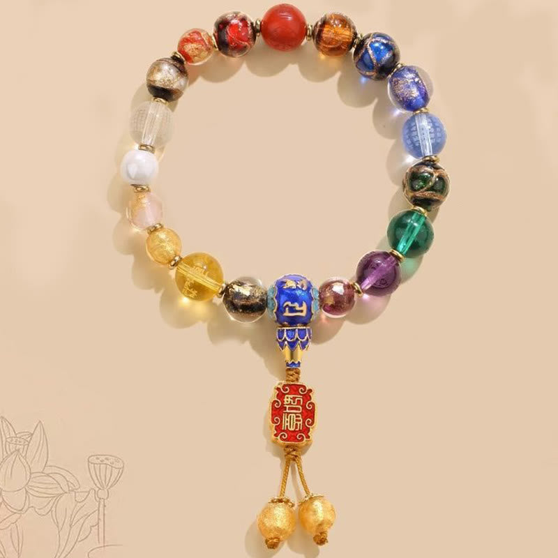 Tibetan Liuli Wrist Mala – Multi-gemstone beads with cloisonne focal and auspicious red blessing pendant