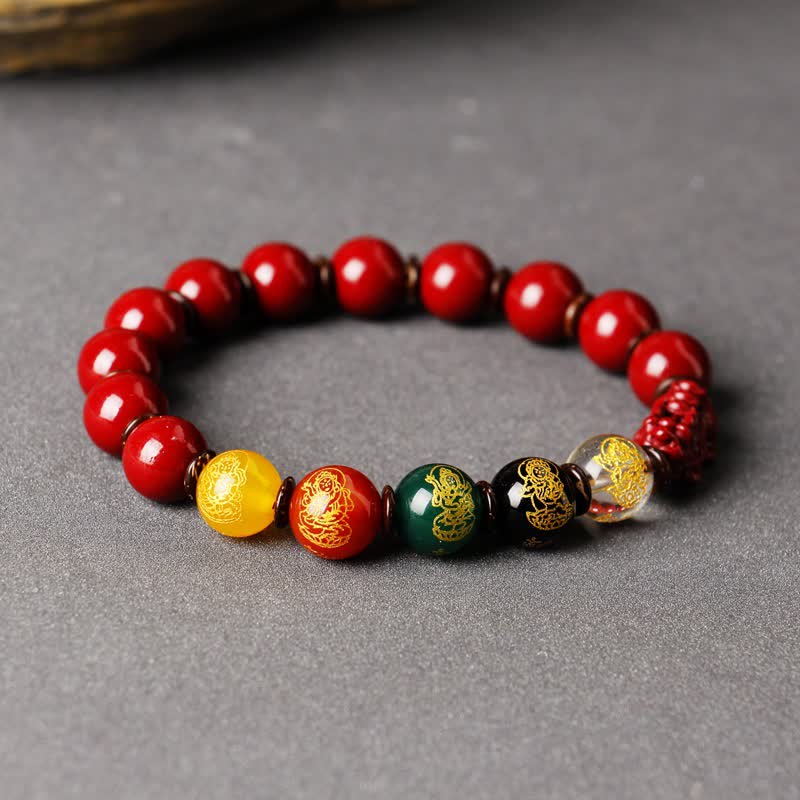 Cinnabar PiXiu Blessing Bracelet – Front view of five-color blessing beads with gold symbols and PiXiu