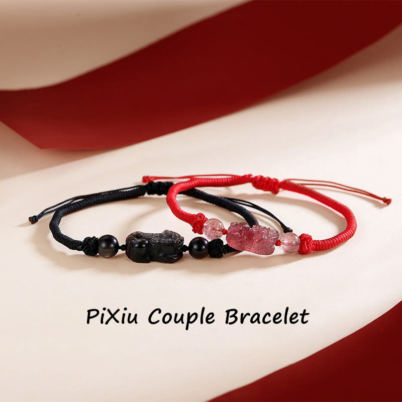 Silver Sheen Obsidian Bracelet – Black obsidian red strawberry quartz PiXiu couple set