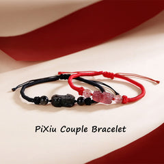 Silver Sheen Obsidian Bracelet – Black obsidian red strawberry quartz PiXiu couple set