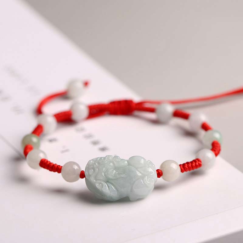 Natural Jade PiXiu Bracelet – jade bead red cord white paper, handmade luck jewelry