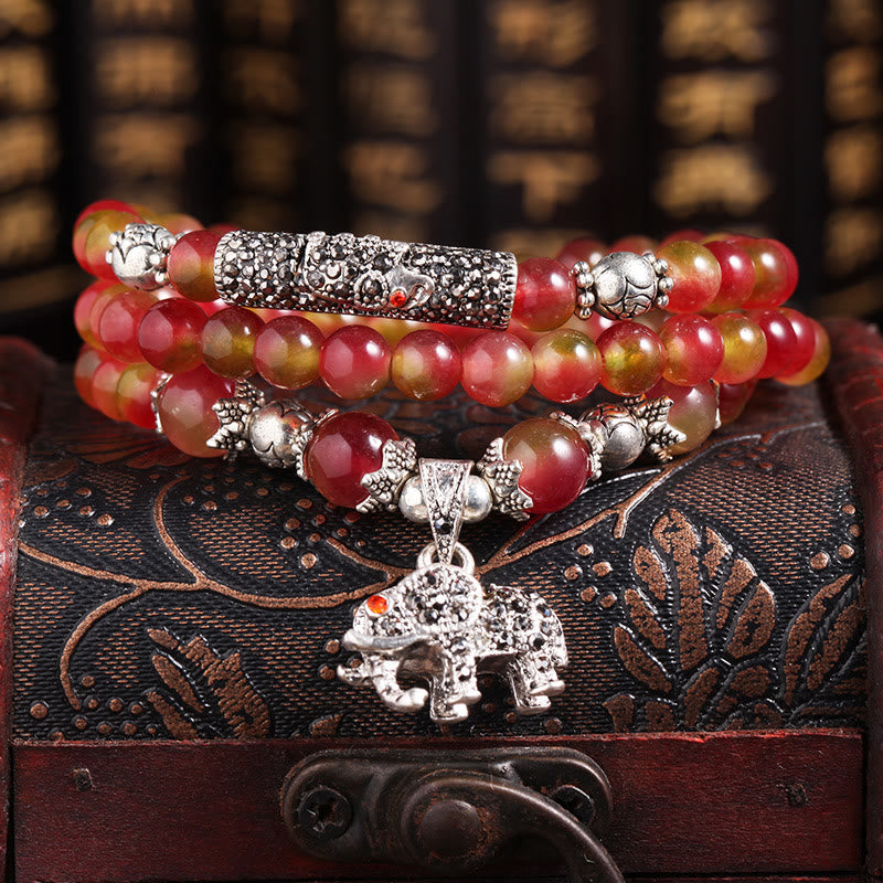Watermelon Tourmaline Bracelet – Triple wrap with silver elephant red gem eyes on brocade box