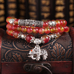 Watermelon Tourmaline Bracelet – Triple wrap with silver elephant red gem eyes on brocade box