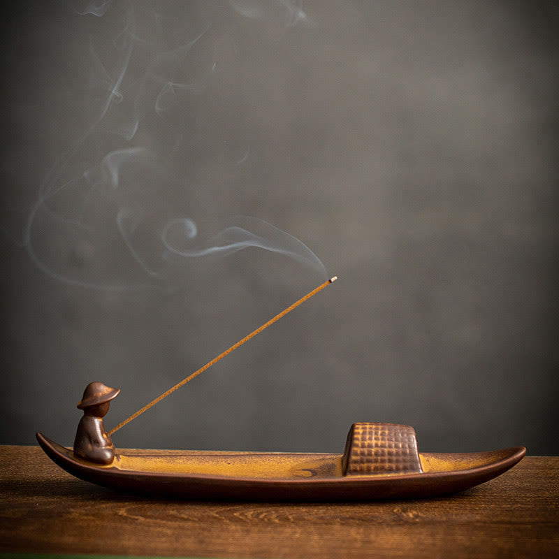 Fisherman Ceramic Incense Burner – Two-tone brown boat with smoke trail, fisherman figure, zen