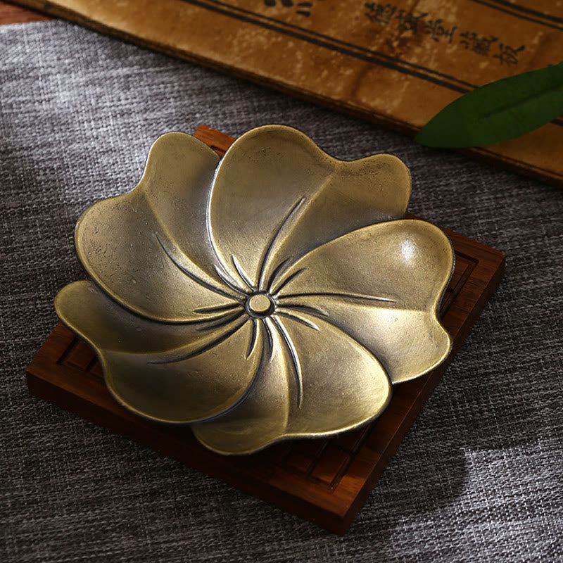 Lotus Incense Burner accessory – five-petal copper dish on wooden stand, handcrafted