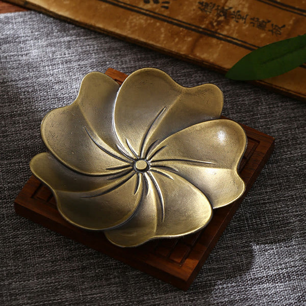 Lotus Incense Burner accessory – five-petal copper dish on wooden stand, handcrafted