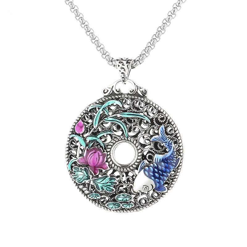 Koi Fish Peace Buckle - 45-degree view highlighting lotus flower carved border, luck necklace