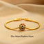 18K Gold Om Mani Padme Hum Koi Fish Bracelet – hexagonal enamel bead with red green mantra symbols on braided gold chain, beige silk
