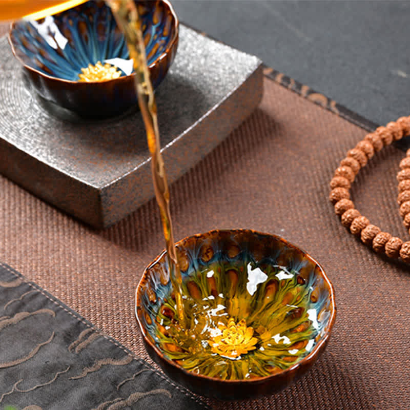 Lotus Peacock Dragon Phoenix Koi Fish Ceramic Teacup – phoenix design detail, hand-painted porcelain cup