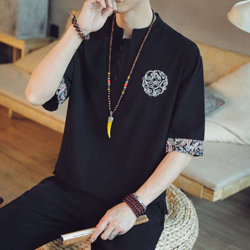 Dragon Embroidery Frog-Button Linen Tang Suit Shirt - Black shirt with red paisley cuffs, vibrant