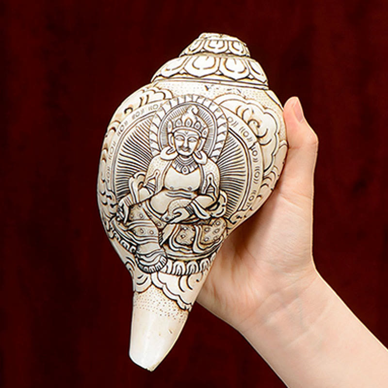 Engraved Shankha Wealth Conch – on red lacquer tray with gold ingots, Chinese New Year wealth display