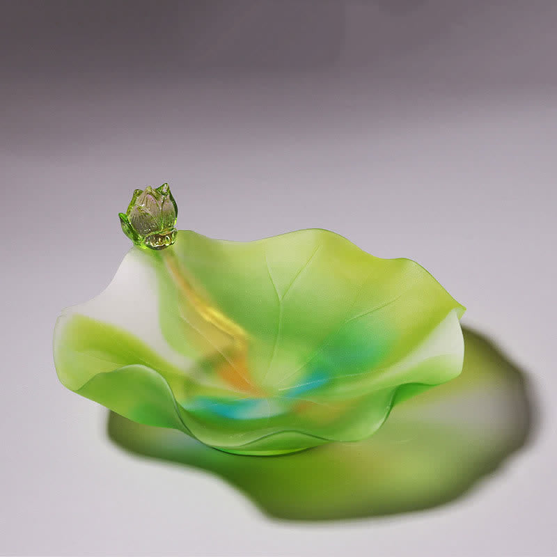 Feng Shui Lotus Liuli Crystal – green leaf-shaped art glass dish with lotus bud, peaceful