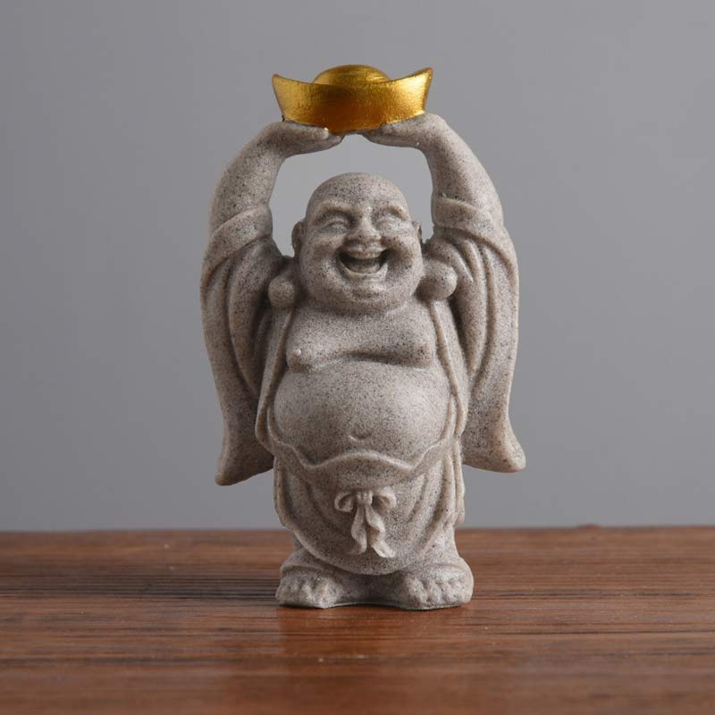Laughing Buddha Resin Statue - stone finish Buddha raising gold wealth ingot, neutral background, Abundant
