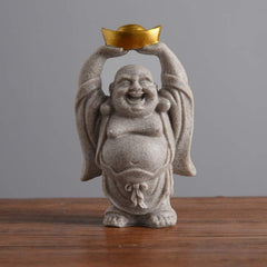 Laughing Buddha Resin Statue - stone finish Buddha raising gold wealth ingot, neutral background, Abundant