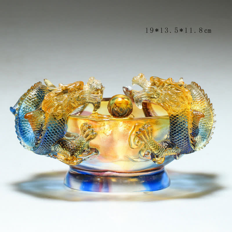 Liuli Dragon Censer 19cm – Blue and gold lidded bowl with twin dragons and cloud relief, Protection