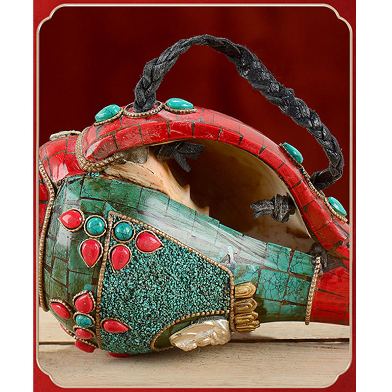 Turquoise Shankha Conch – Avalokitesvara thousand-arm symbolism carved around shell curve, dharma object