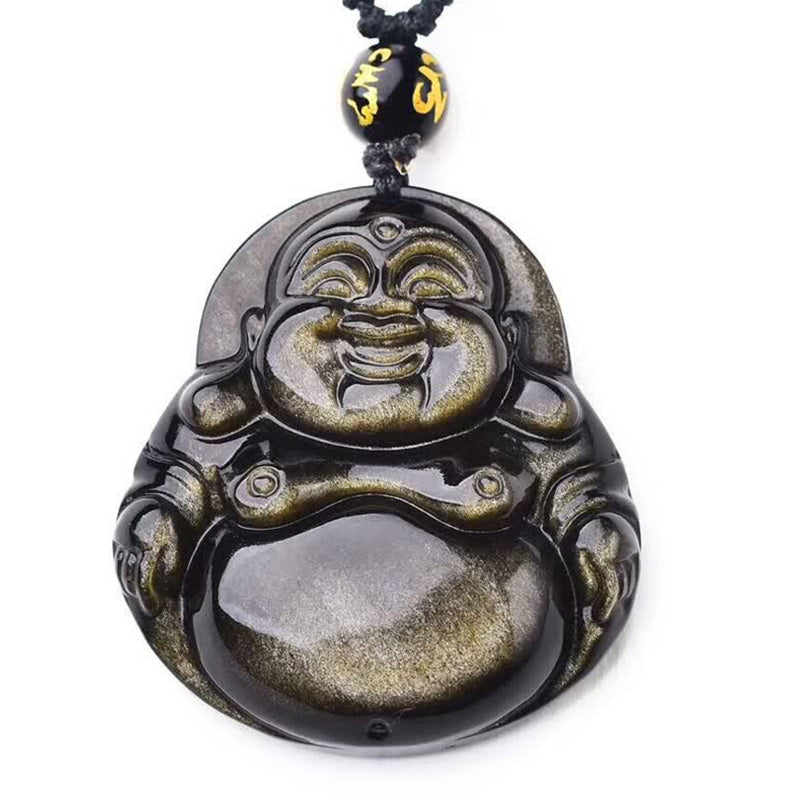 Gold Sheen Obsidian Laughing Buddha Pendant – front view on white background with black cord and beads, studio