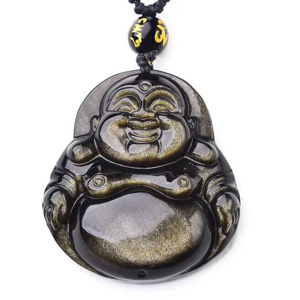 Gold Sheen Obsidian Laughing Buddha Pendant – front view on white background with black cord and beads, studio