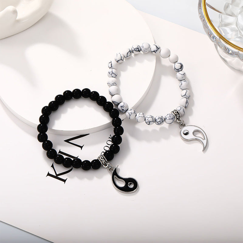 Yin Yang Protection Couple Bracelet - Black onyx white turquoise beaded bracelets with interlocking yin-yang pendants, cou...