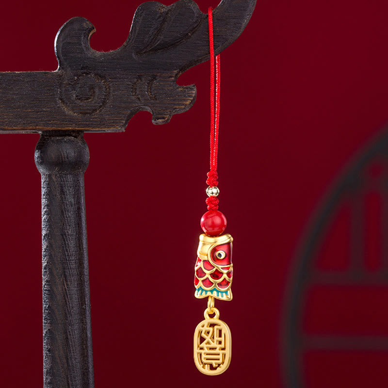 Koi Fish Cinnabar Ruyi Phone Charm – cinnabar koi with fortune character and ruyi scepter, red phone hanging charm