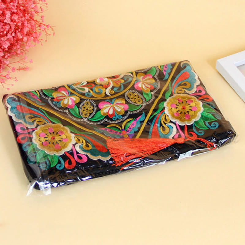 Dragon Butterfly Embroidery Wallet - Envelope clutch in clear packaging, coral tassel, Retail