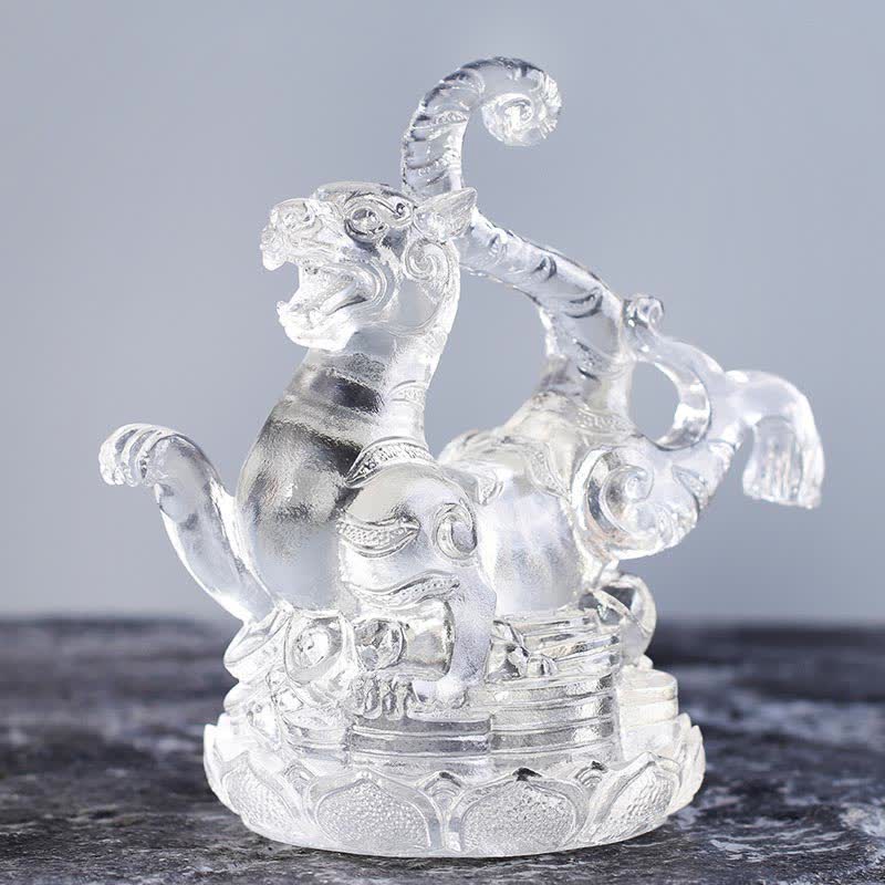 White Tiger Clear Crystal - guardian tiger on lotus base, transparent glass, protective