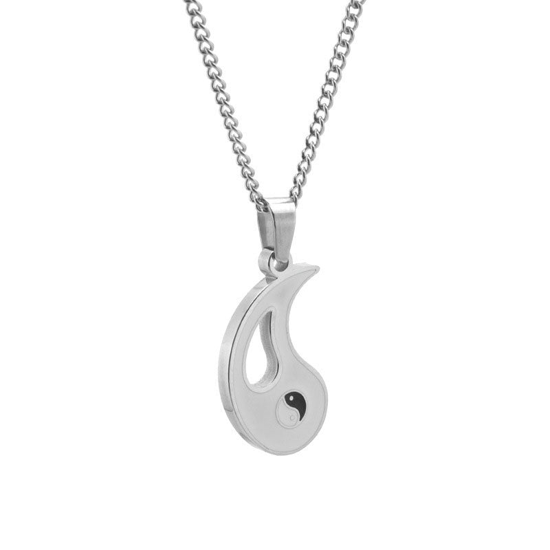 Yin Yang Pendant Couple Necklace Set - Polished silver teardrop pendant with small yin-yang emblem, stainless steel necklace