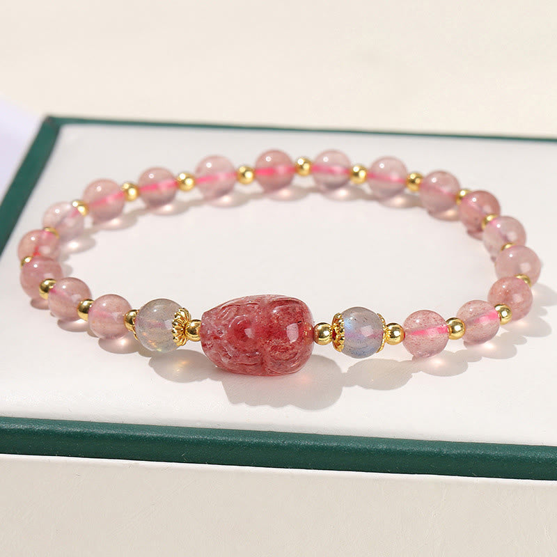 Moonstone Strawberry Quartz Tourmaline Bracelet – Strawberry quartz pink beads with carved PiXiu in green box, love bracelet