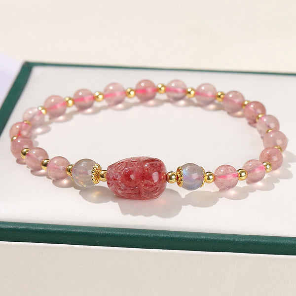 Moonstone Strawberry Quartz Tourmaline Bracelet – Strawberry quartz pink beads with carved PiXiu in green box, love bracelet