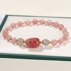 Moonstone Strawberry Quartz Tourmaline Bracelet – Strawberry quartz pink beads with carved PiXiu in green box, love bracelet