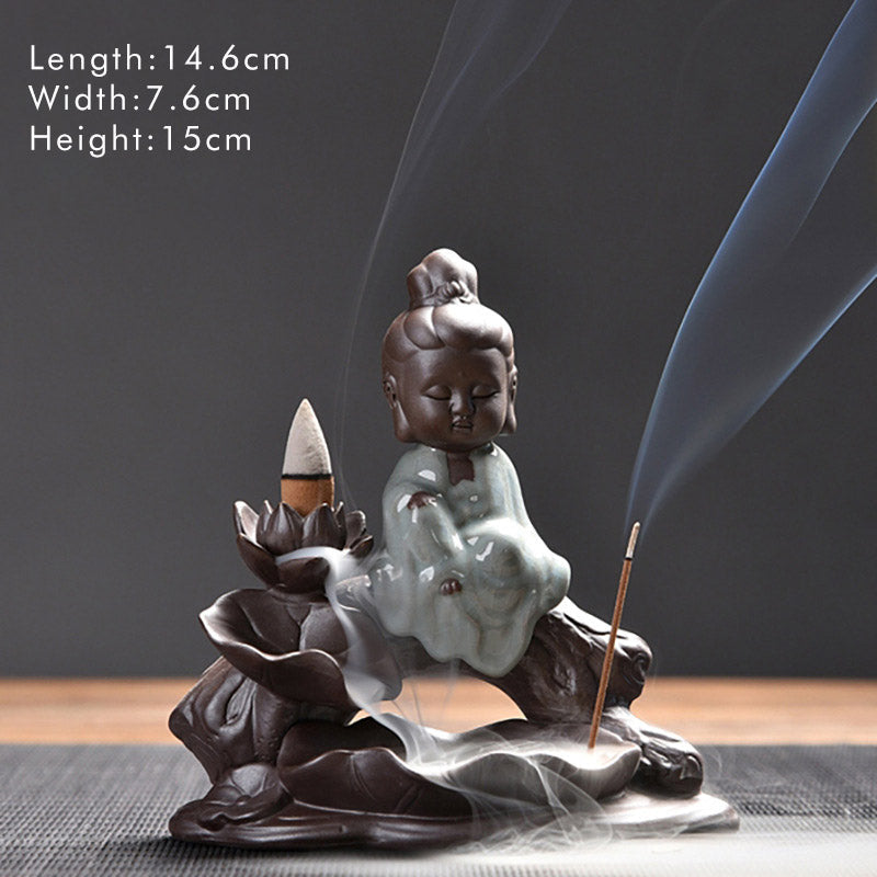 Little Monk Ceramic Incense Burner - Guanyin figure in flowing robes, backflow incense over lotus, dimensions shown
