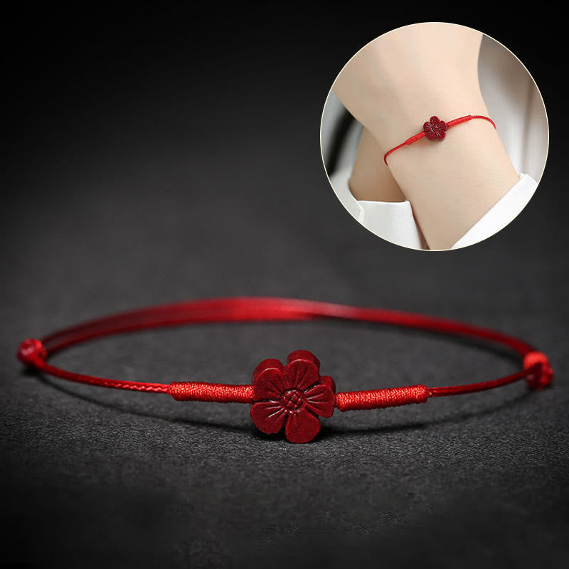 Cinnabar PiXiu Lotus Koi Fish Blessing Braid Bracelet – red flower bracelet with inset model wrist photo, adjustable unisex accessory