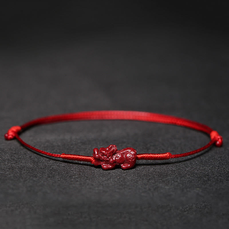 Cinnabar PiXiu Lotus Koi Fish Blessing Braid Bracelet – red cinnabar PiXiu mythical beast on red cord, wealth protection feng shui talisman