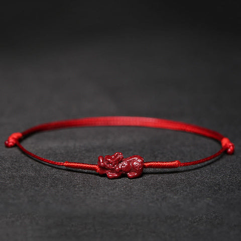 Cinnabar PiXiu Lotus Koi Fish Blessing Braid Bracelet – red cinnabar PiXiu mythical beast on red cord, wealth protection feng shui talisman Main image