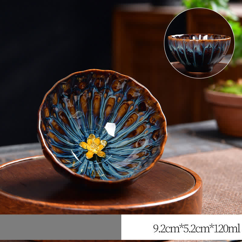 Lotus Peacock Dragon Phoenix Koi Fish Ceramic Teacup – back view showing continuation of painted motifs, art cup