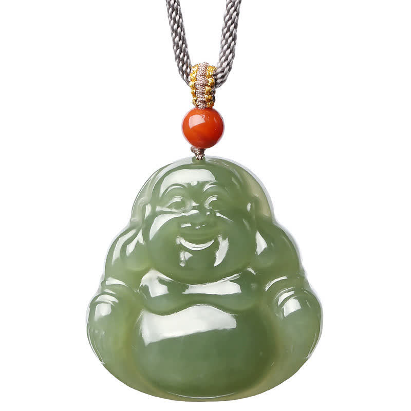 Hetian Jade Laughing Buddha Abundance String Necklace Pendant – natural color variation pendants, natural stone uniqueness