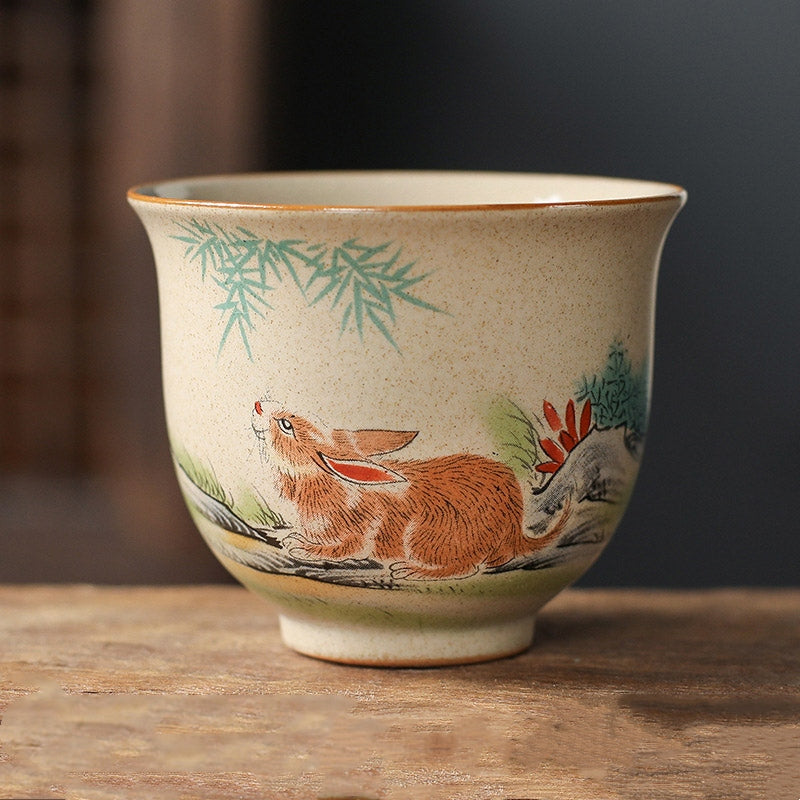 Chinese Zodiac Ceramic Teacup - rabbit and bamboo hand-painted cup, cream crackle glaze pottery