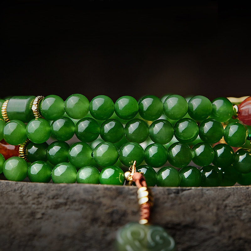 108 Mala Beads Jade Agate Bracelet – Full length necklace draped on bust, elegant prayer accessory
