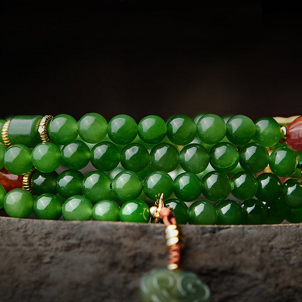 108 Mala Beads Jade Agate Bracelet – Full length necklace draped on bust, elegant prayer accessory