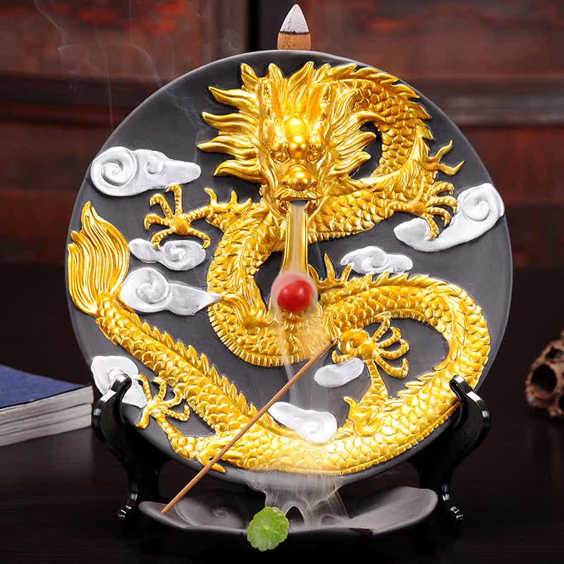 Dragon Ceramic Incense Burner with smoke, gold dragon relief, red pearl, stick and cone incense, meditation