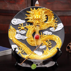Dragon Ceramic Incense Burner with smoke, gold dragon relief, red pearl, stick and cone incense, meditation